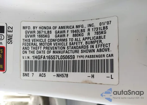 2007 Honda Civic Lx z USA, uszkodzony, nr VIN 1HGFA16557L050659